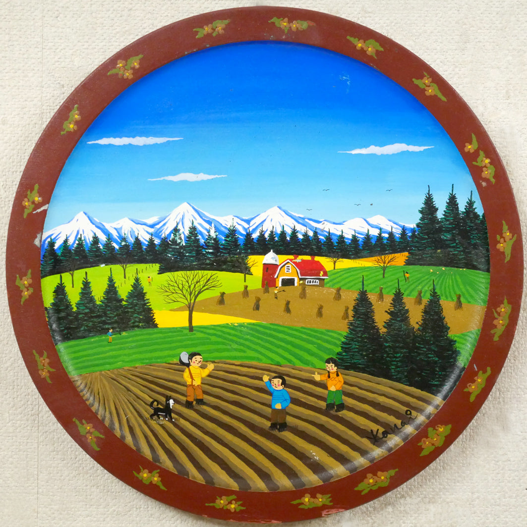 金井英明「田園風景」アクリル画・木製絵皿