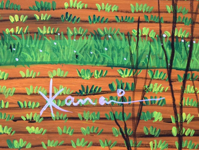 金井英明「咲いた咲いた大地の花が（春）」アクリル画・10号　サイン拡大画像