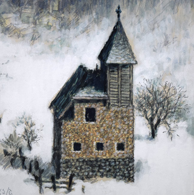 金子誠治「チロルの教会（ヨーロッパ冬の旅展）」水彩画　拡大画像3