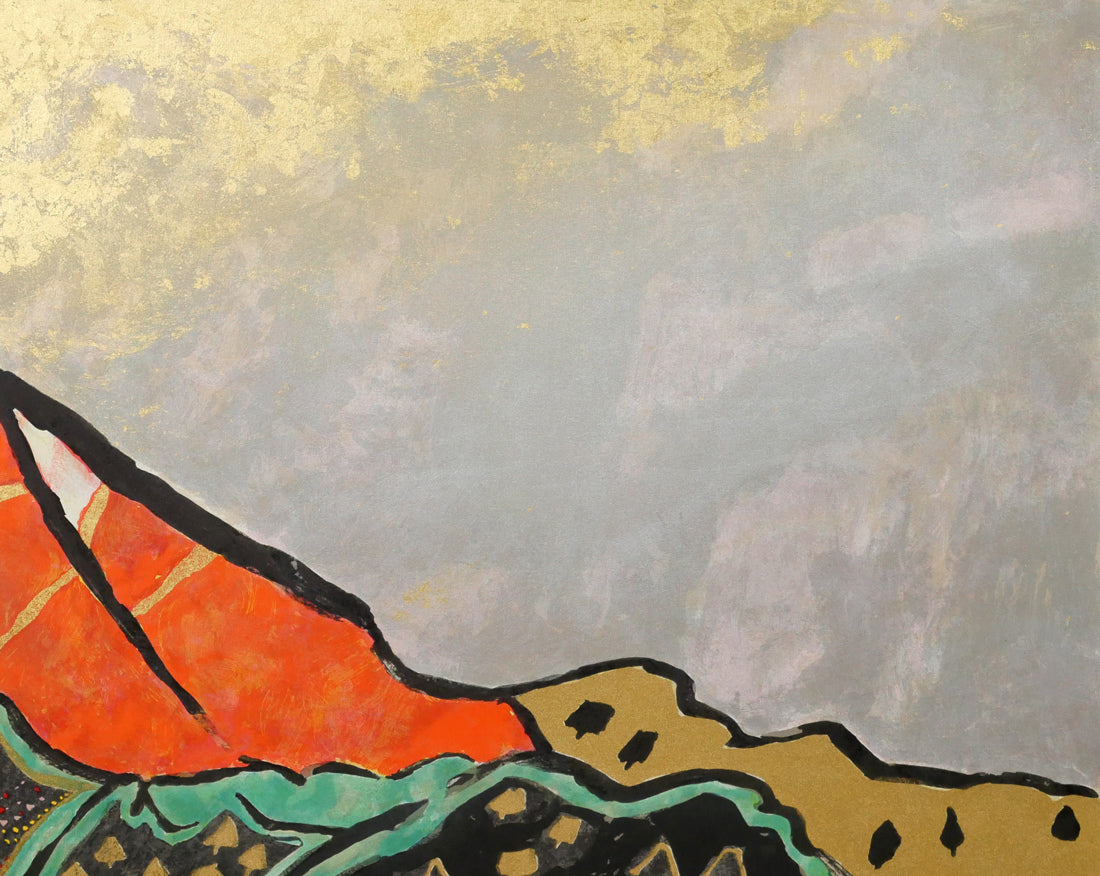 片岡球子「牡丹咲く富士」リトグラフ・シルクスクリーン・本金箔　拡大画像3
