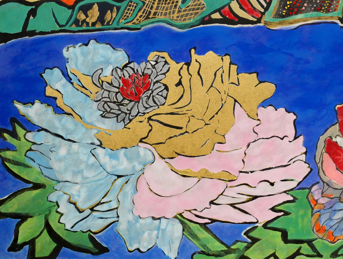 片岡球子「牡丹咲く富士」リトグラフ・シルクスクリーン・本金箔　拡大画像4