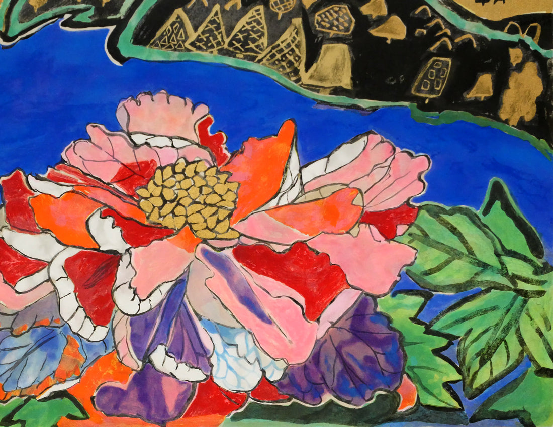 片岡球子「牡丹咲く富士」リトグラフ・シルクスクリーン・本金箔　拡大画像5