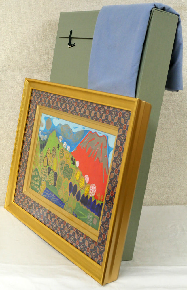 片岡球子「富士」日本画・M6号　付属品画像（布袋、岡村多聞堂専用タトウ箱付き）