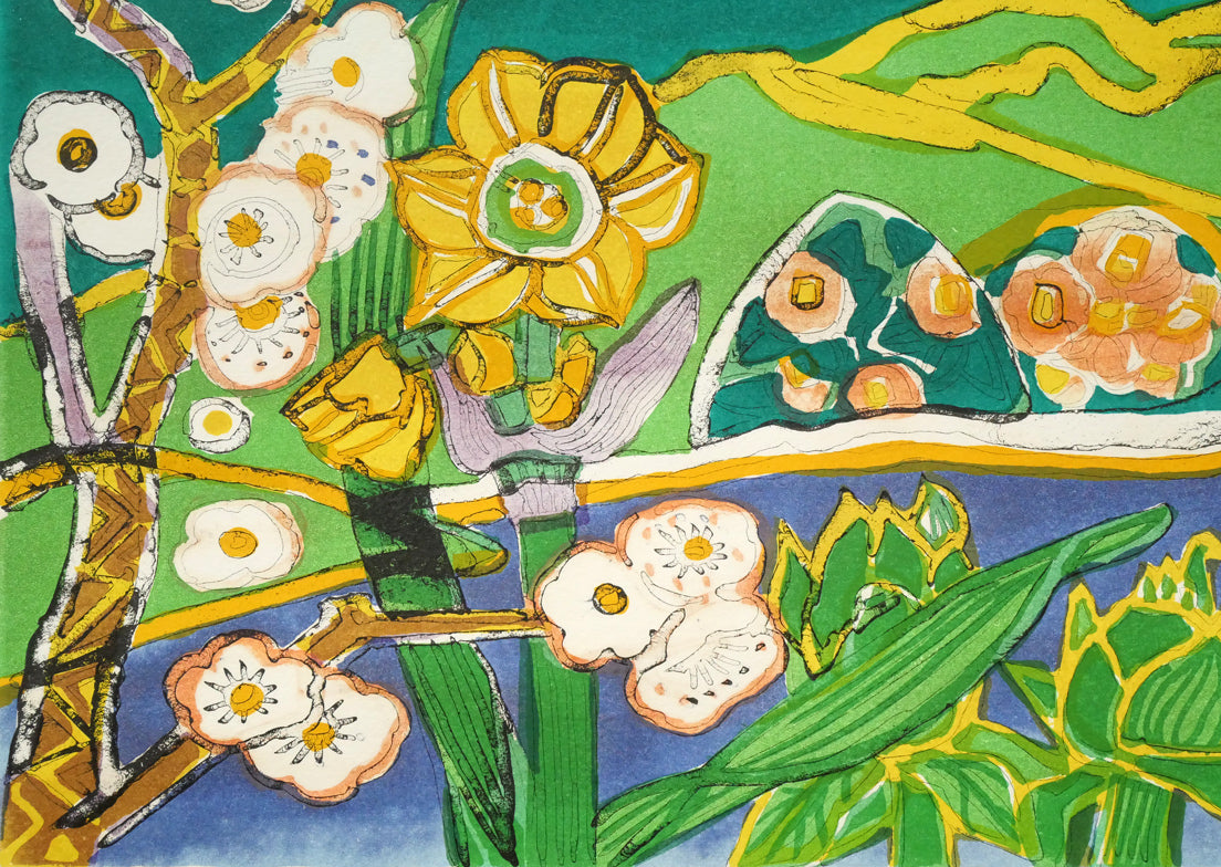 片岡球子「花咲く富士（富士二題より）」リトグラフ　拡大画像4