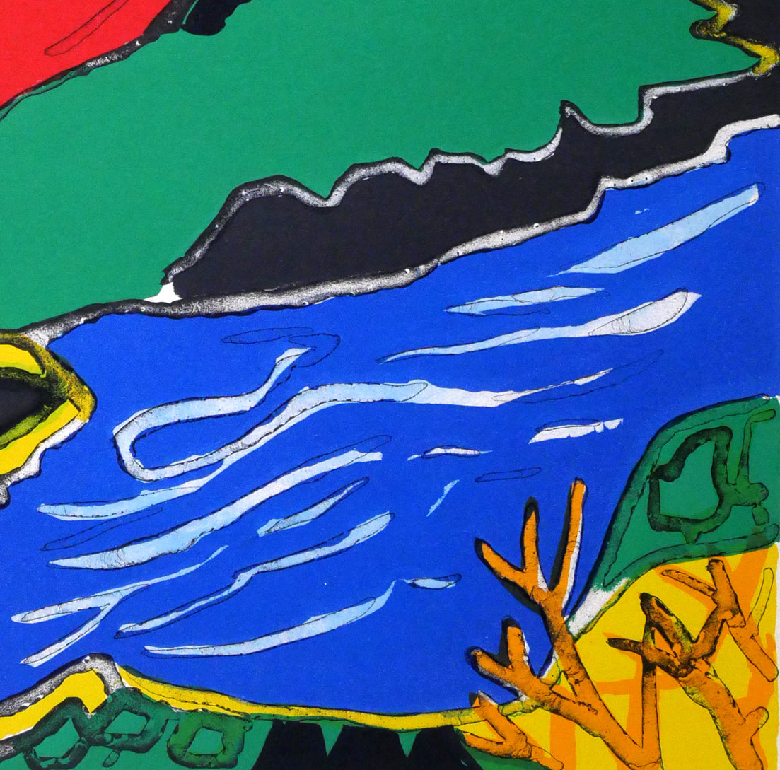 片岡球子「湖と富士（赤富士）」リトグラフ　拡大画像4