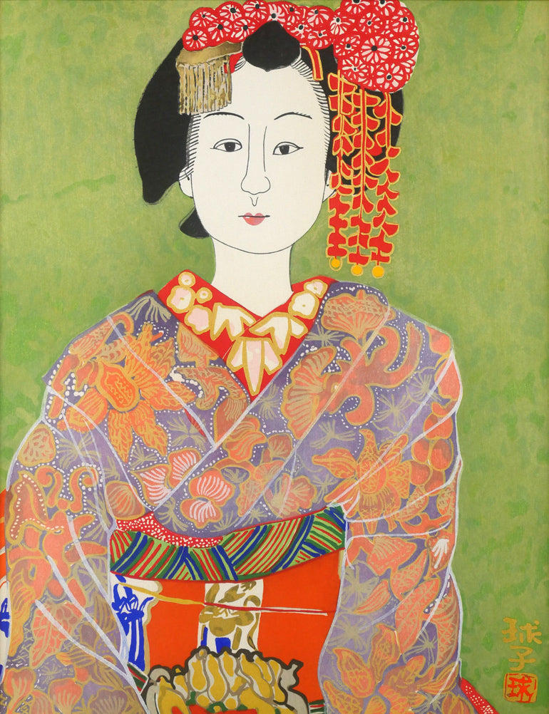 片岡球子「むすめ」木版画　作品全体画像