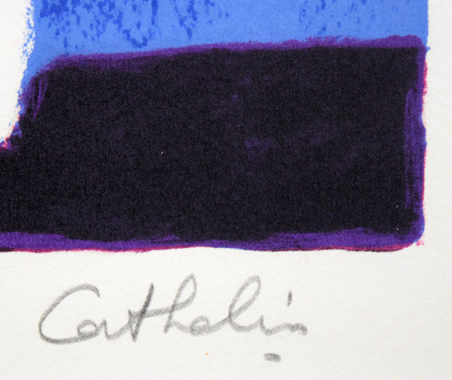 ベルナール・カトラン「青い背景のアイリスの花束」リトグラフ　本人直筆鉛筆サイン拡大画像