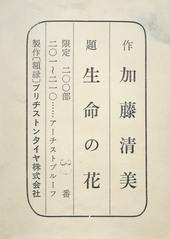 加藤清美「生命の花」銅版画　額裏拡大画像