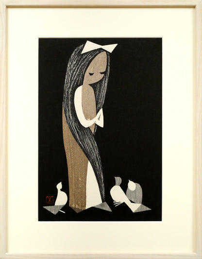 河野薫「鳩」木版画