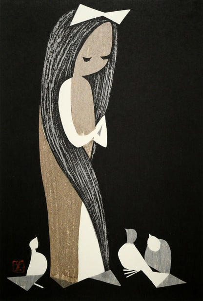 河野薫「鳩」木版画　作品全体画像