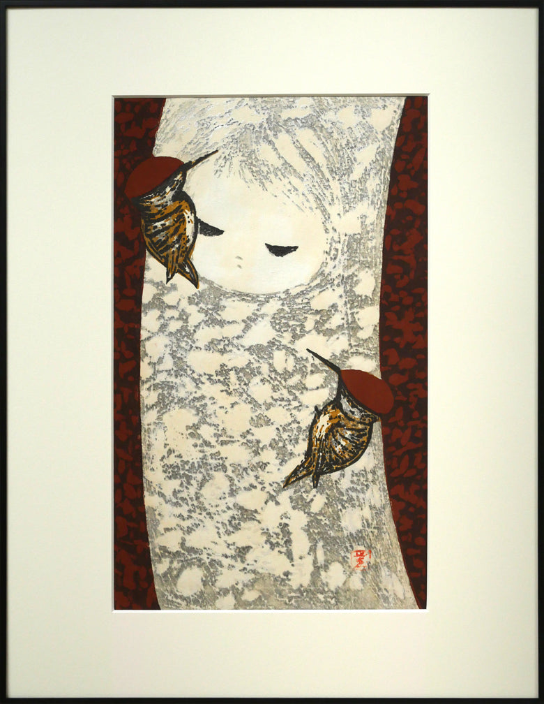 河野薫「きつつき（B）」木版画