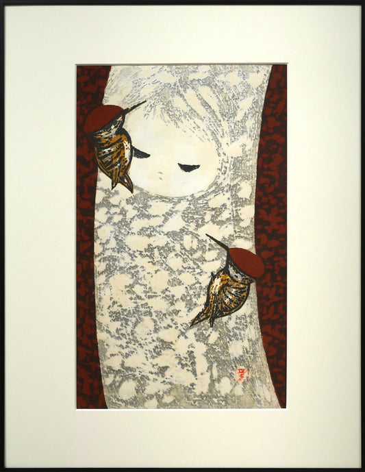 河野薫「きつつき（B）」木版画