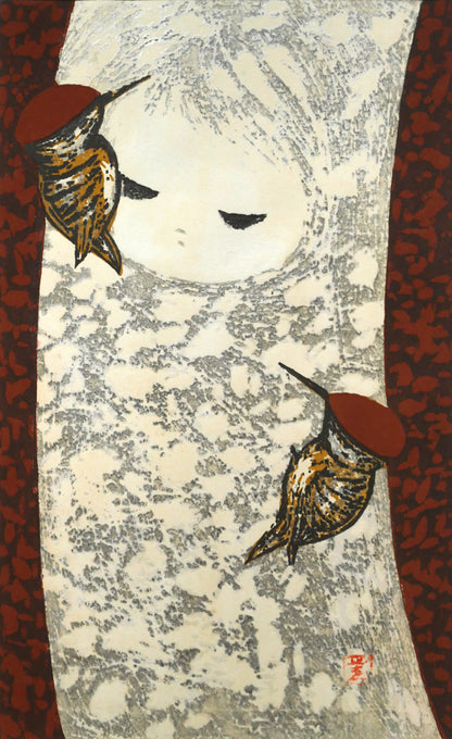 河野薫「きつつき（B）」木版画　作品全体画像