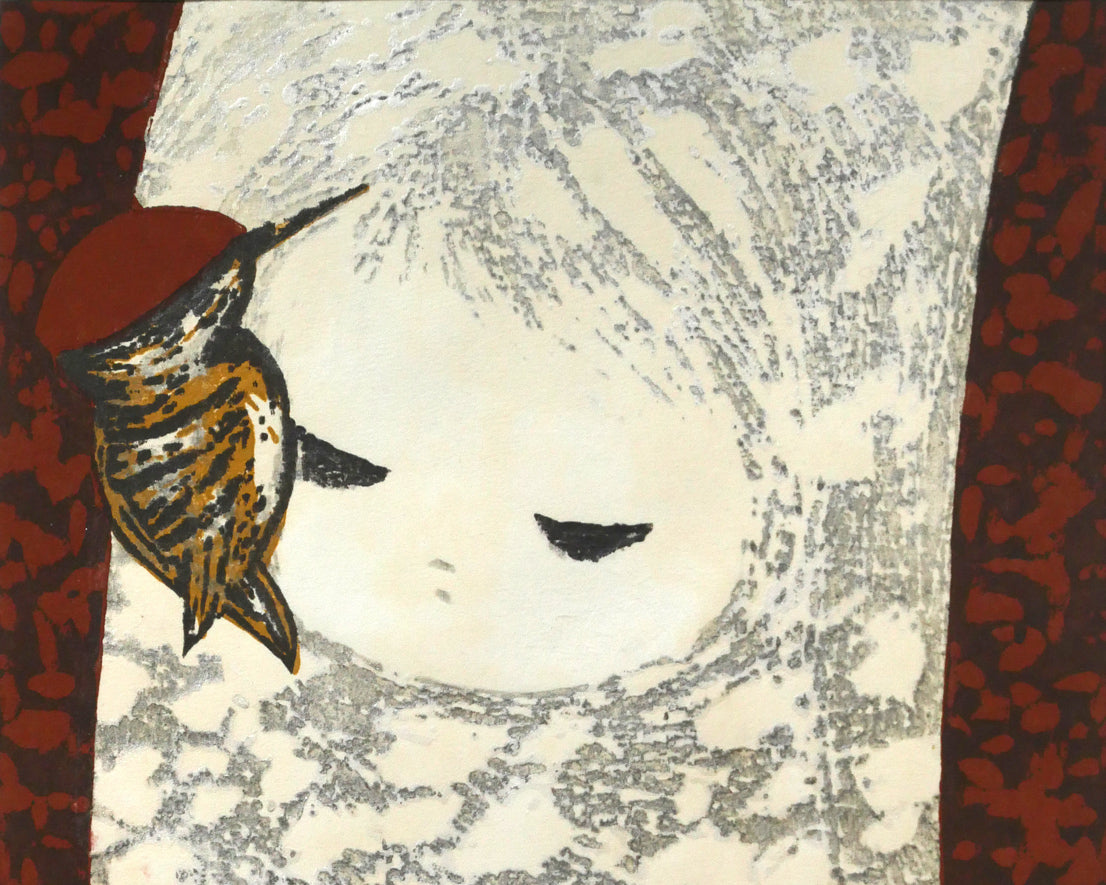 河野薫「きつつき（B）」木版画　拡大画像1