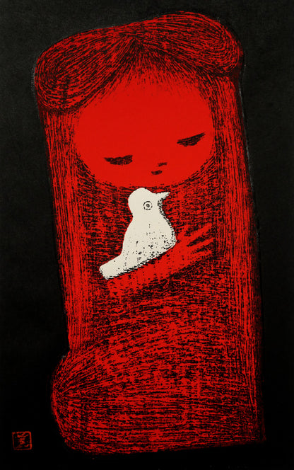 河野薫「小鳥（C）」木版画　作品全体画像