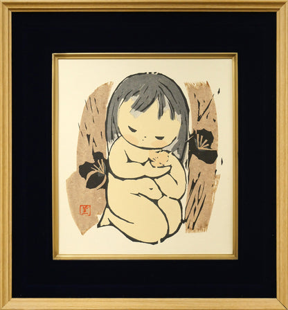 河野薫「梅（少女）」木版画