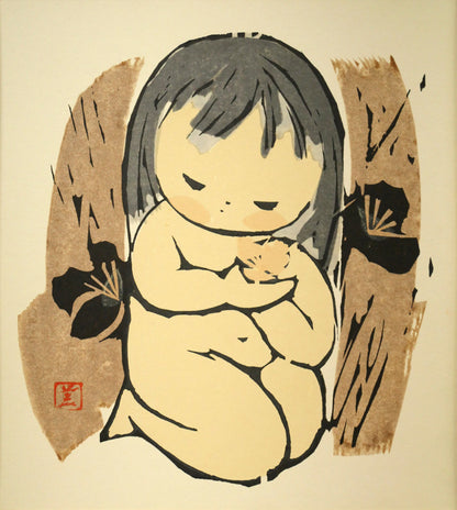 河野薫「梅（少女）」木版画　作品全体画像