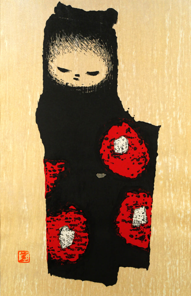 河野薫「椿（C）」木版画　作品全体画像