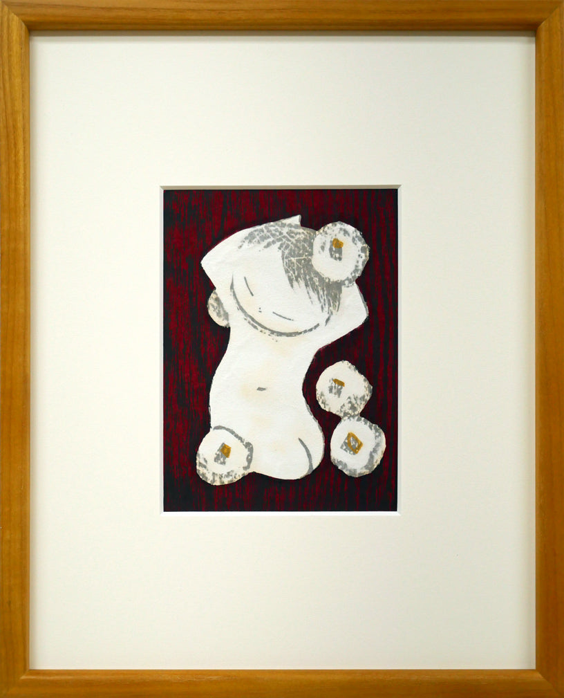 河野薫「つばき（童）」木版画