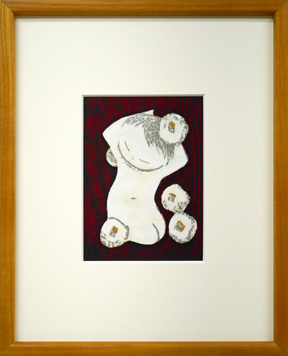 河野薫「つばき（童）」木版画