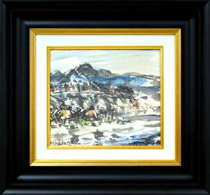 木田金次郎「岩内・堀株（ホリカップ）風景」肉筆彩色画・色紙