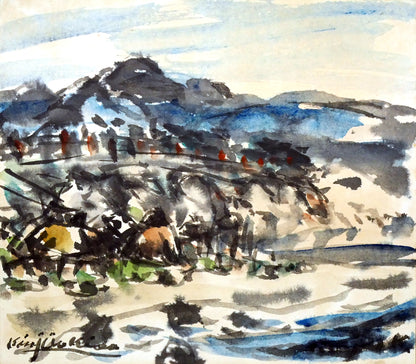 木田金次郎「岩内・堀株（ホリカップ）風景」肉筆彩色画・色紙　作品全体画像
