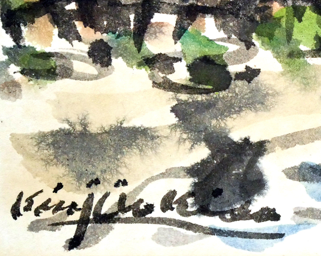 木田金次郎「岩内・堀株（ホリカップ）風景」肉筆彩色画・色紙　サイン拡大画像