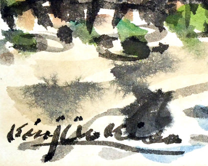 木田金次郎「岩内・堀株（ホリカップ）風景」肉筆彩色画・色紙　サイン拡大画像