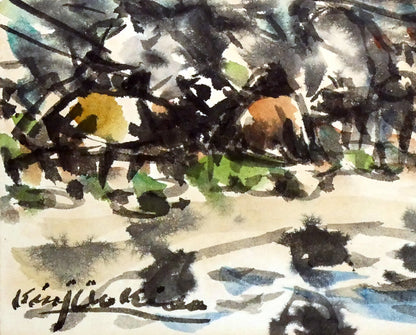 木田金次郎「岩内・堀株（ホリカップ）風景」肉筆彩色画・色紙　拡大画像3