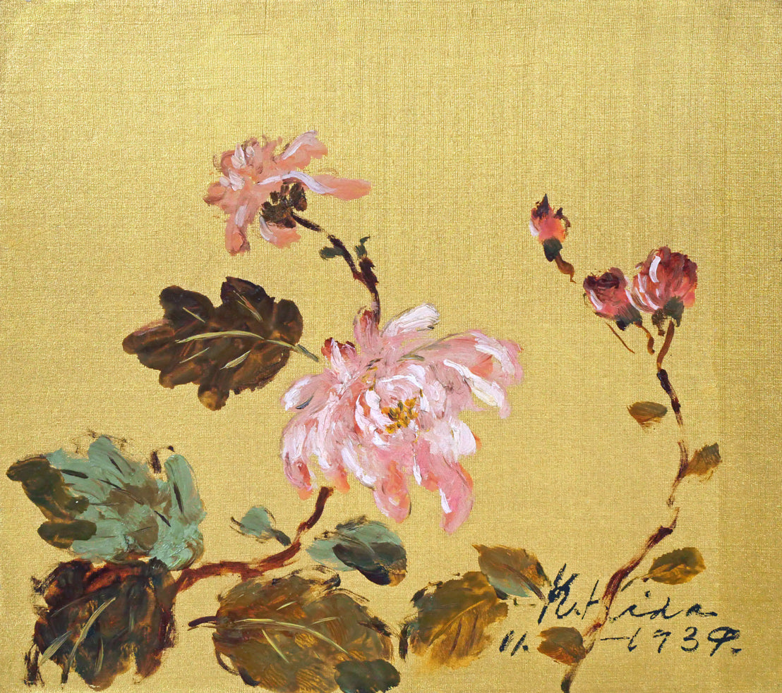木田金次郎「牡丹（岩内大火前作品）」油絵・金色紙　作品全体画像