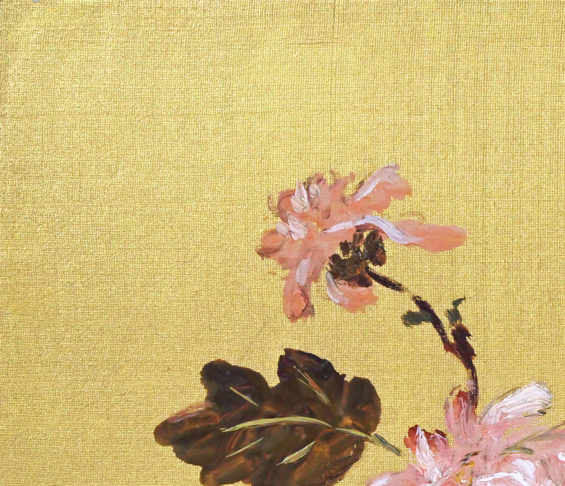 木田金次郎「牡丹（岩内大火前作品）」油絵・金色紙　拡大画像1