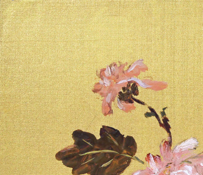 木田金次郎「牡丹（岩内大火前作品）」油絵・金色紙　拡大画像1