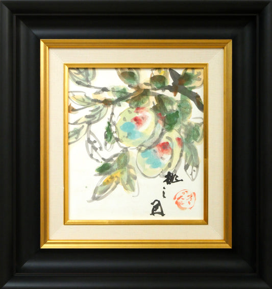 木田金次郎「桃之図」肉筆彩色画・色紙