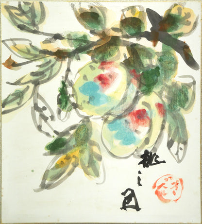 木田金次郎「桃之図」肉筆彩色画・色紙　作品全体画像
