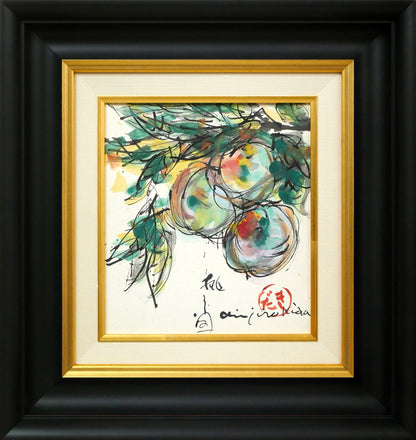 木田金次郎「桃之図（1955年作）」肉筆彩色画・色紙