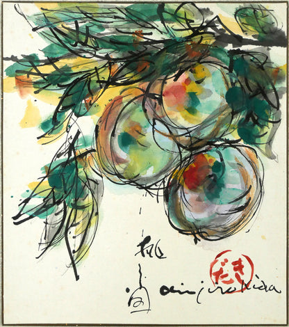 木田金次郎「桃之図（1955年作）」肉筆彩色画・色紙　作品全体画像