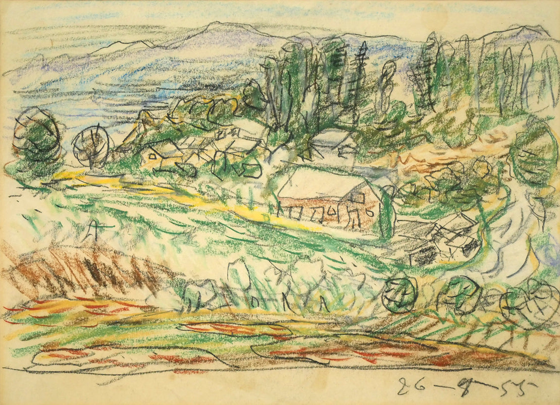 木田金次郎「坂のある風景（画集掲載作品）」クレヨン・紙　作品全体画像