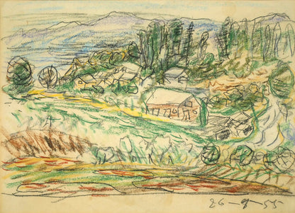 木田金次郎「坂のある風景（画集掲載作品）」クレヨン・紙　作品全体画像