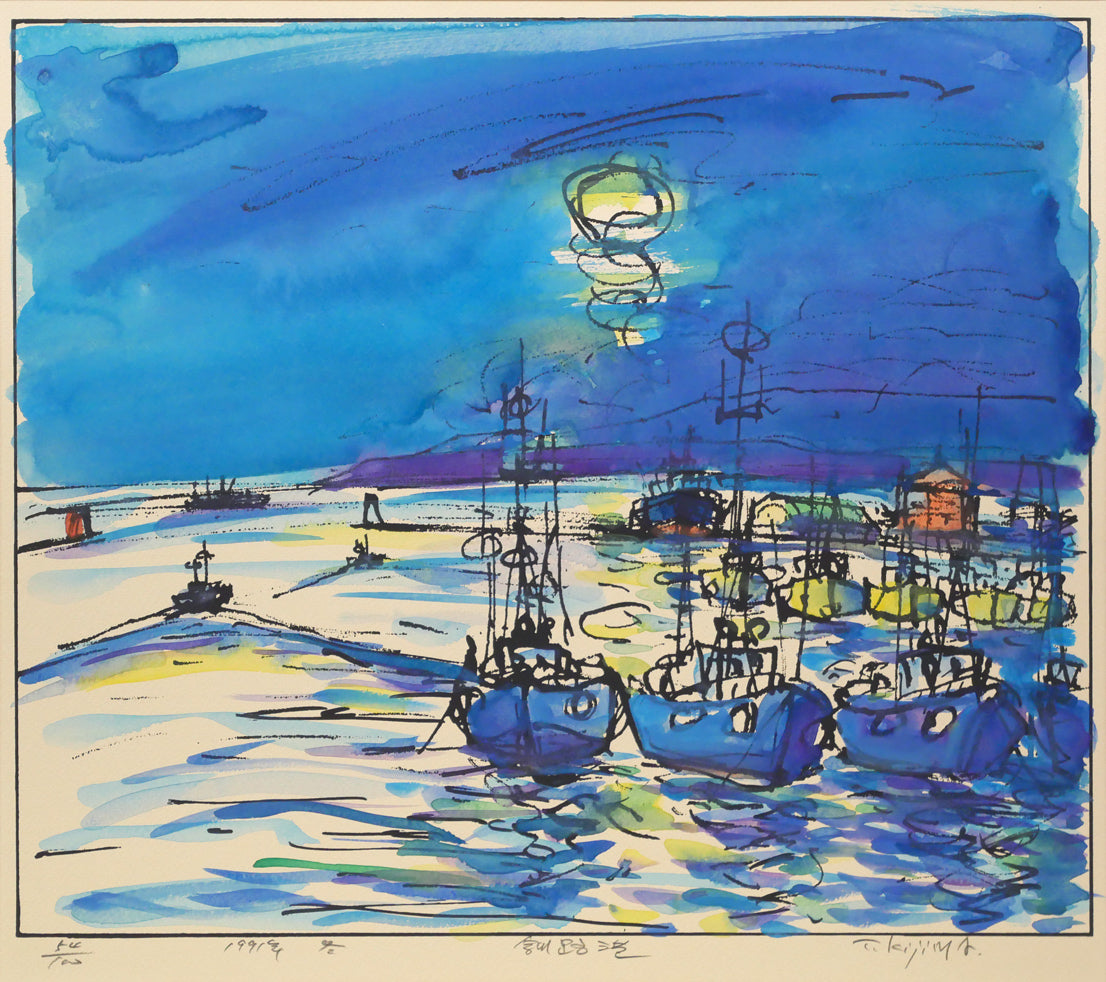 木島務「釧路港（1992年カレンダー2）」版画に手彩色　作品全体画像