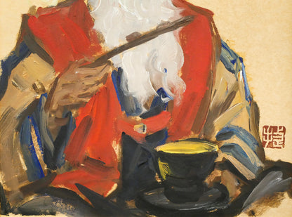 木村捷司「古老献酒（エカシ・アイヌ酋長・網走企画展記念作品）」油絵・色紙　拡大画像3