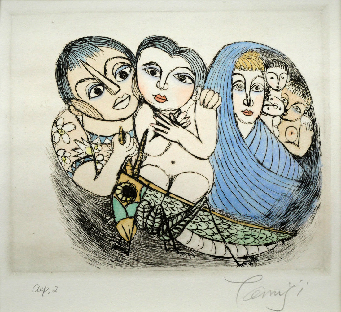 北川民雄「バッタと群像」銅版画に手彩色　作品全体画像