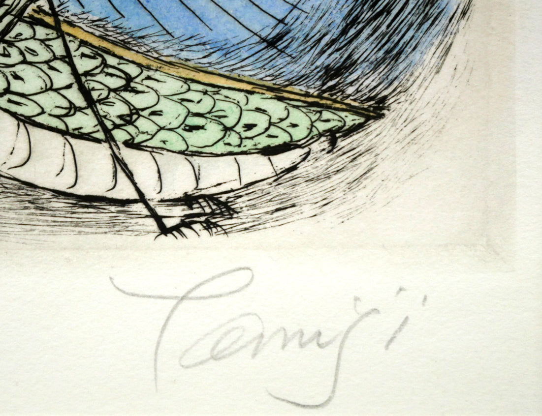 北川民雄「バッタと群像」銅版画に手彩色　本人直筆鉛筆サイン