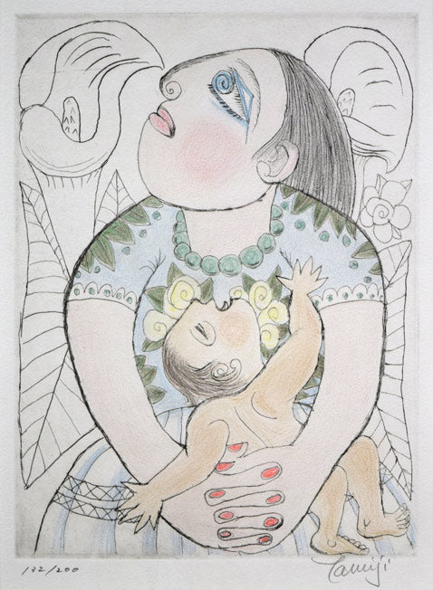 北川民次「母子像」銅版画に手彩色　作品全体拡大画像