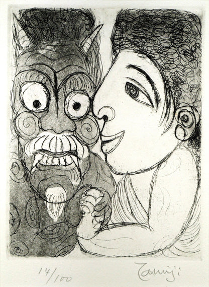北川民雄「女と鬼」銅版画　作品全体画像