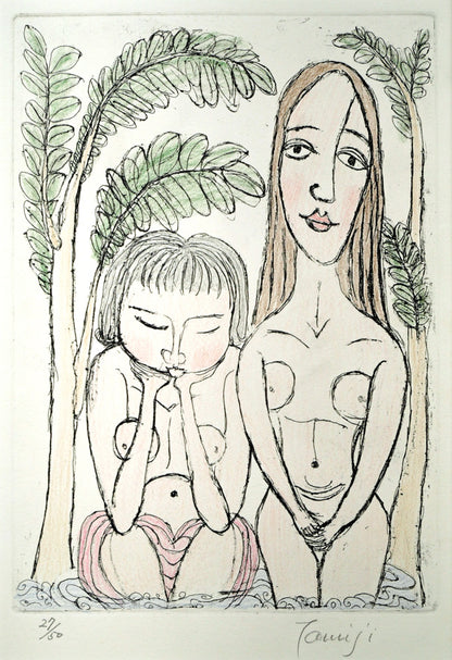 北川民雄「水浴」銅版画に手彩色　作品全体画像
