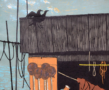北岡文雄「網小屋の老人」木版画　拡大画像1