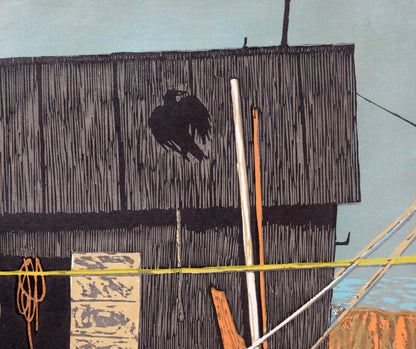 北岡文雄「網小屋の老人」木版画　拡大画像2