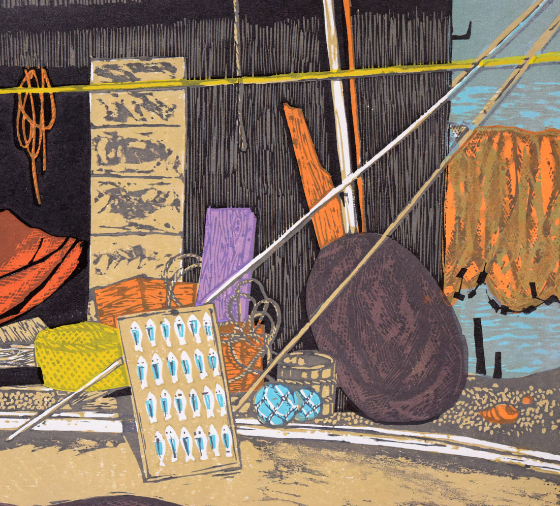 北岡文雄「網小屋の老人」木版画　拡大画像5