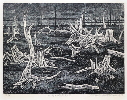 北岡文雄「北辺の風景トドワラ」貴重な木口木版画　作品全体画像