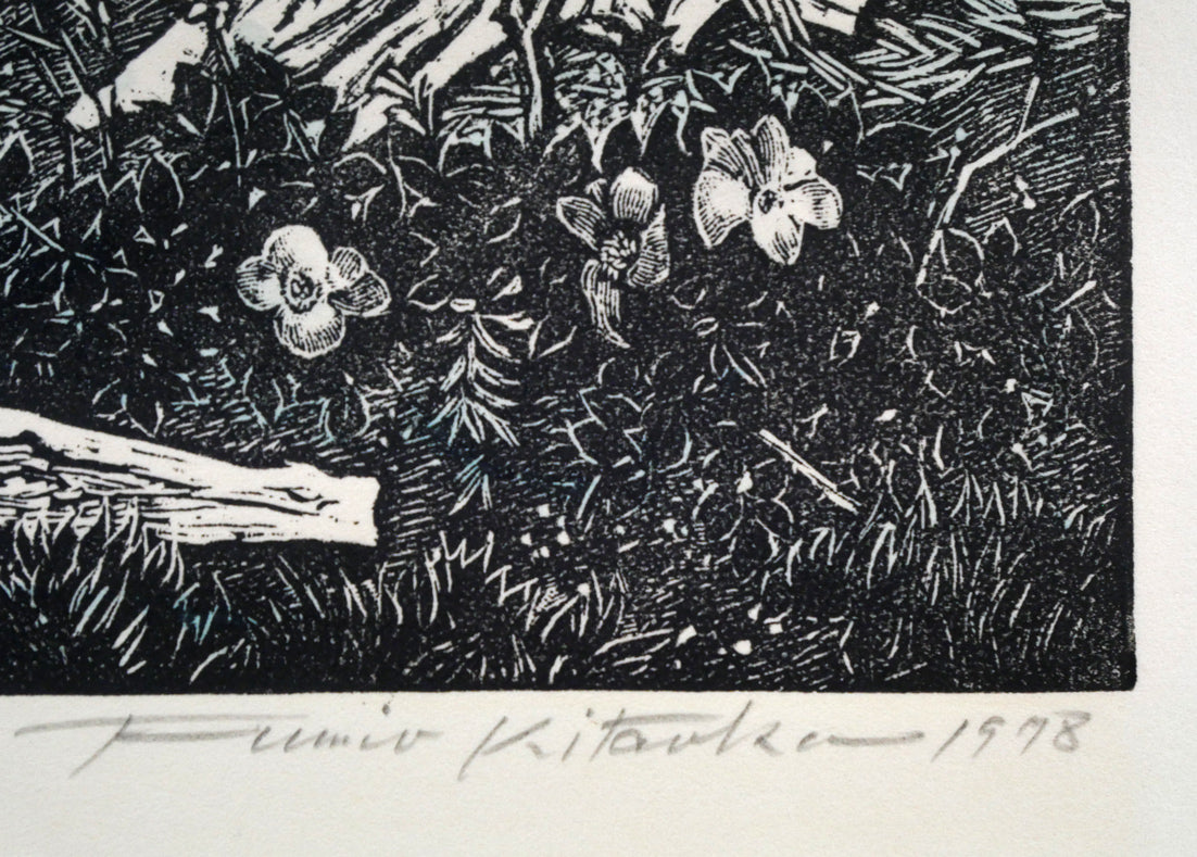 北岡文雄「北辺の風景トドワラ」貴重な木口木版画　本人直筆鉛筆サイン、年記（1978年作）